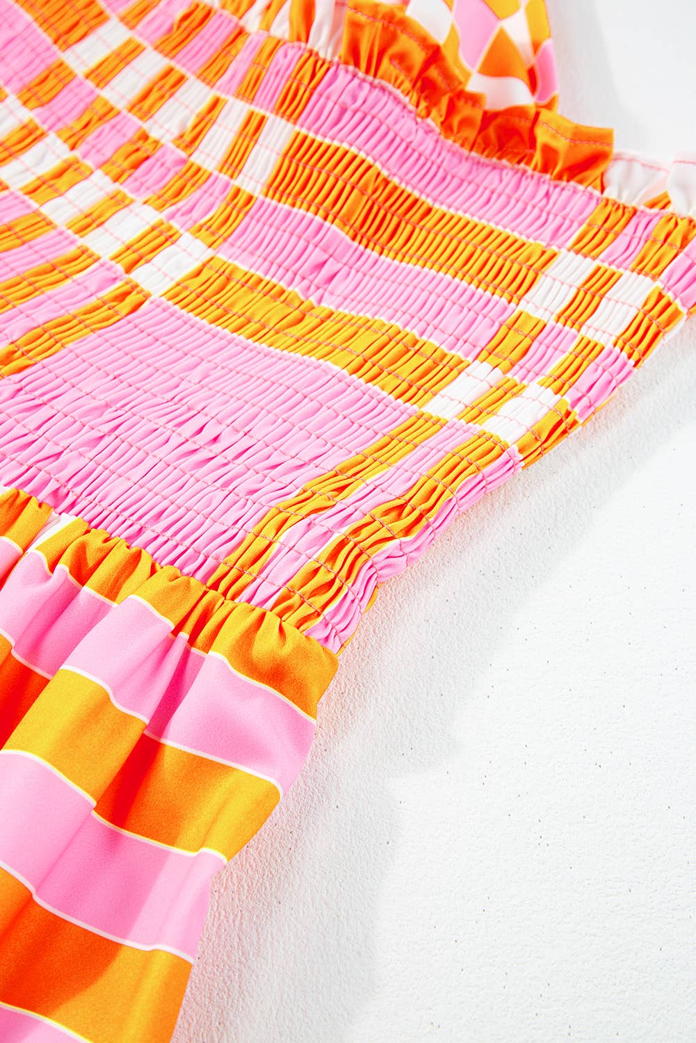 Hot Pink and Orange Boho Plaid Print Tied Straps Smocked Maxi Dress