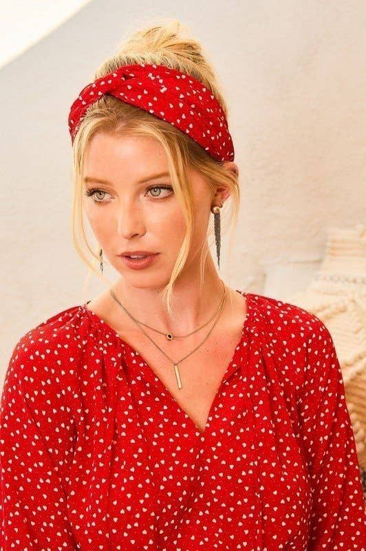 Heart Print Satin Headband: Red
