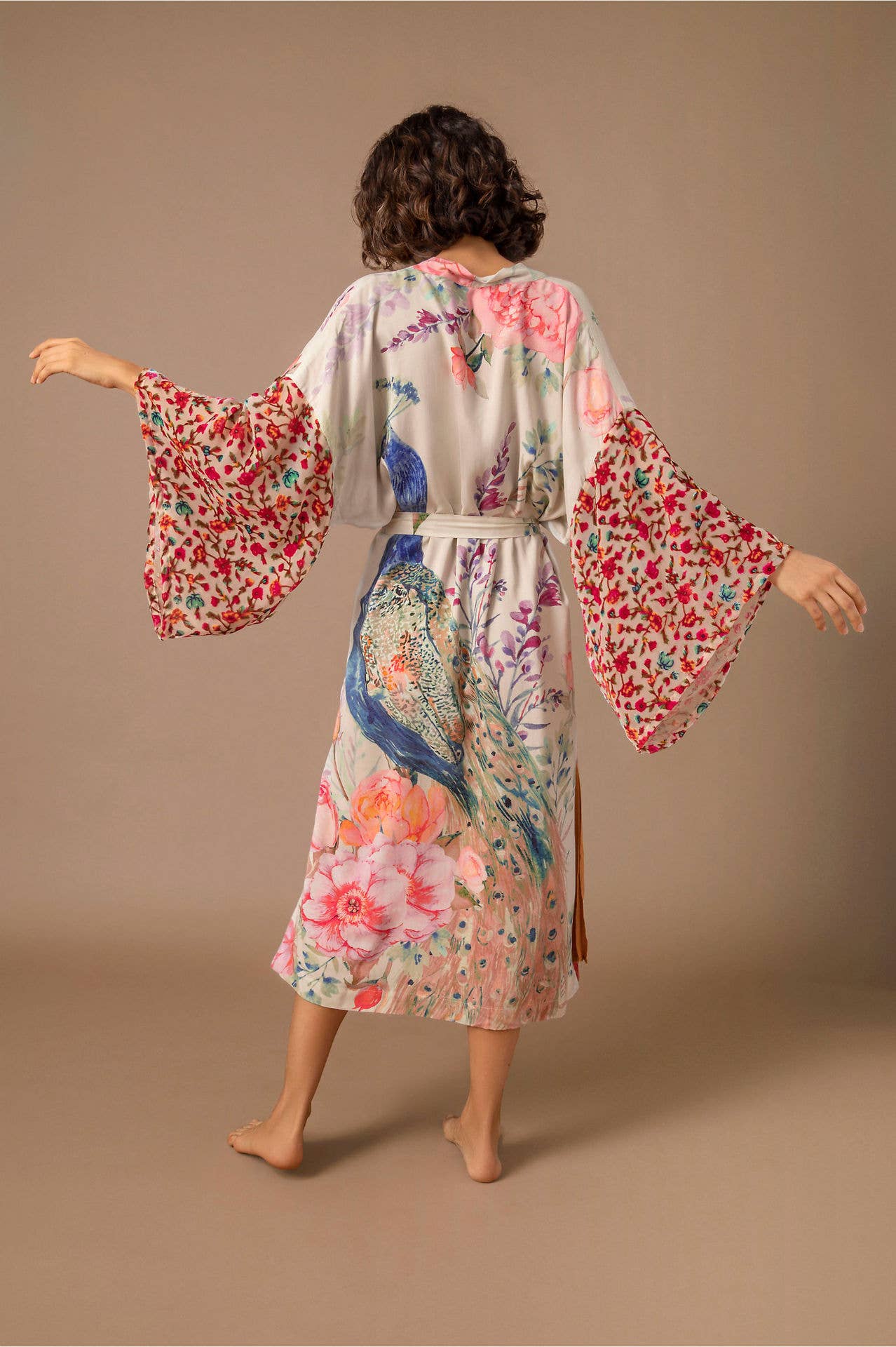 Retro Oriental Peacock Kimono Beach CoverUp Lounge Robe