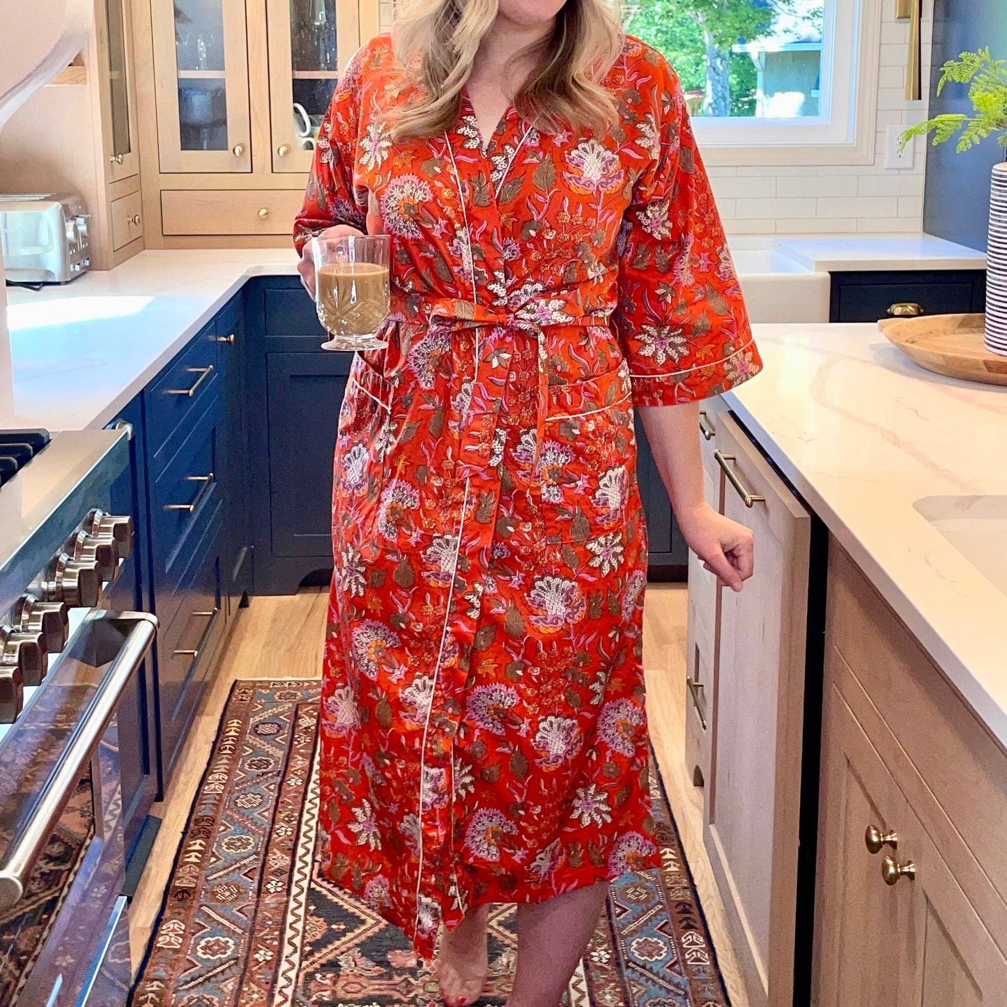 Women's Cotton Kimono Robe | Block Printed | Tangerine Bloom