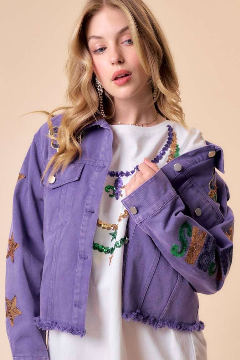 MARDI GRAS Letter Patch Denim Wash Jacket