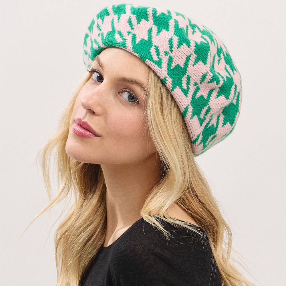 ππ Check Me Out Beret β Green & Pink Houndstooth