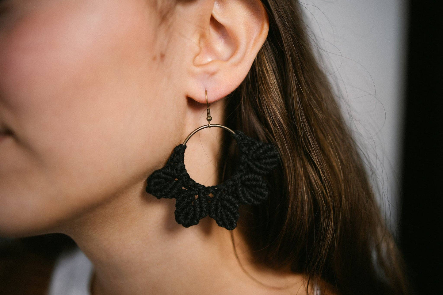 Woven Macrame Boho Leaf Earrings- Black