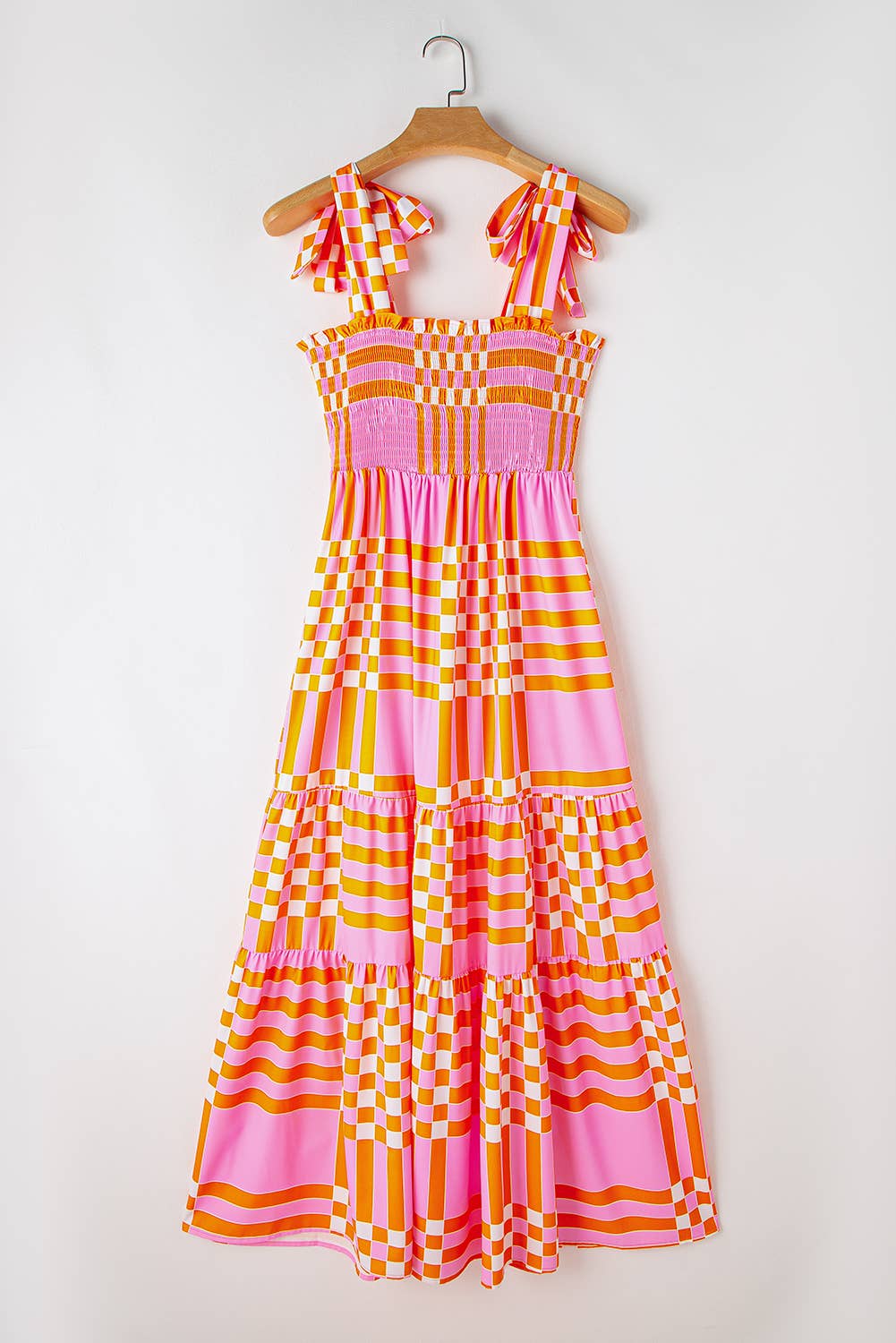 Hot Pink and Orange Boho Plaid Print Tied Straps Smocked Maxi Dress