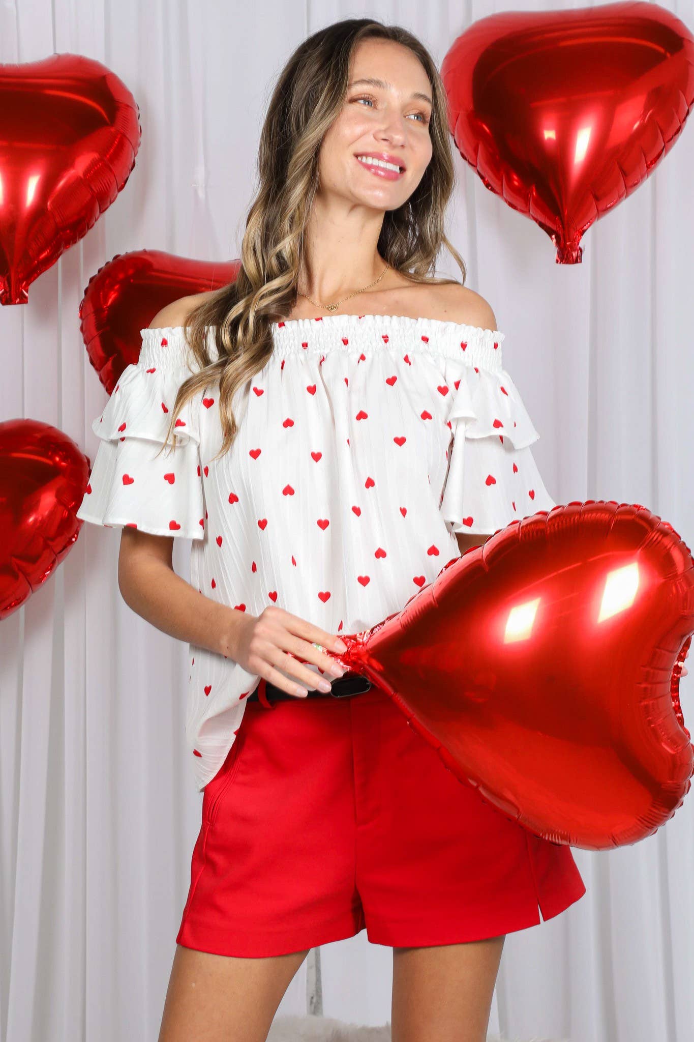 Red & White Heart Print Off-Shoulder Top