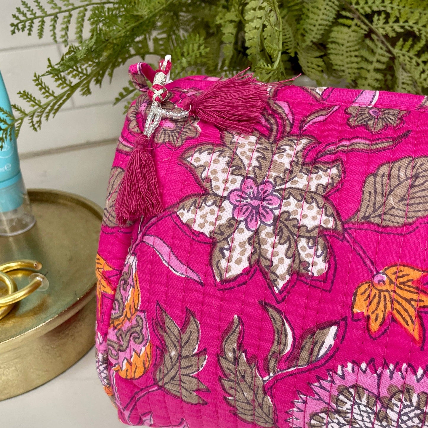 Travel Makeup Toiletry Bag | Quilted Zip-Top | Pink Blossom