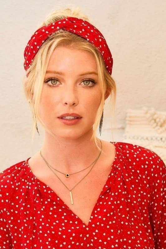 Heart Print Satin Headband: Red