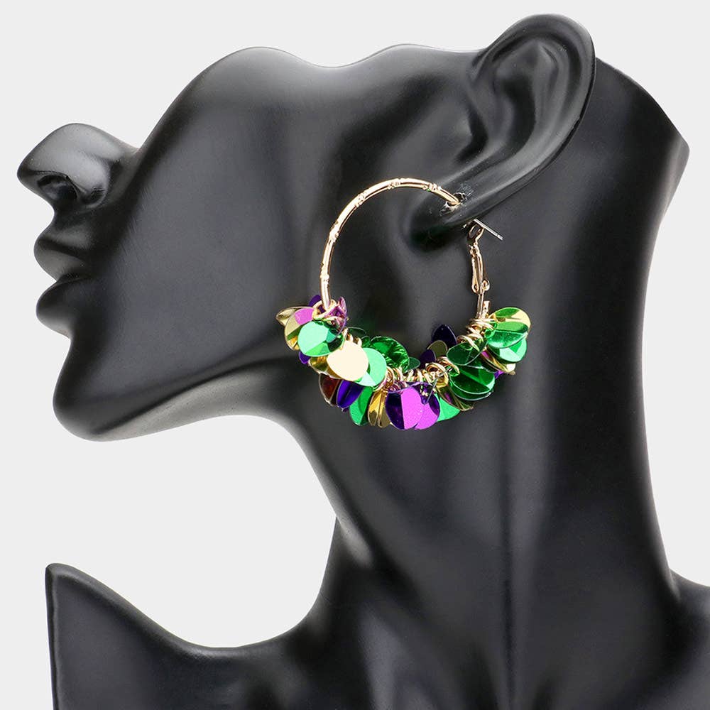 Mardi Gras Sequin Dangle Hoop Earrings
