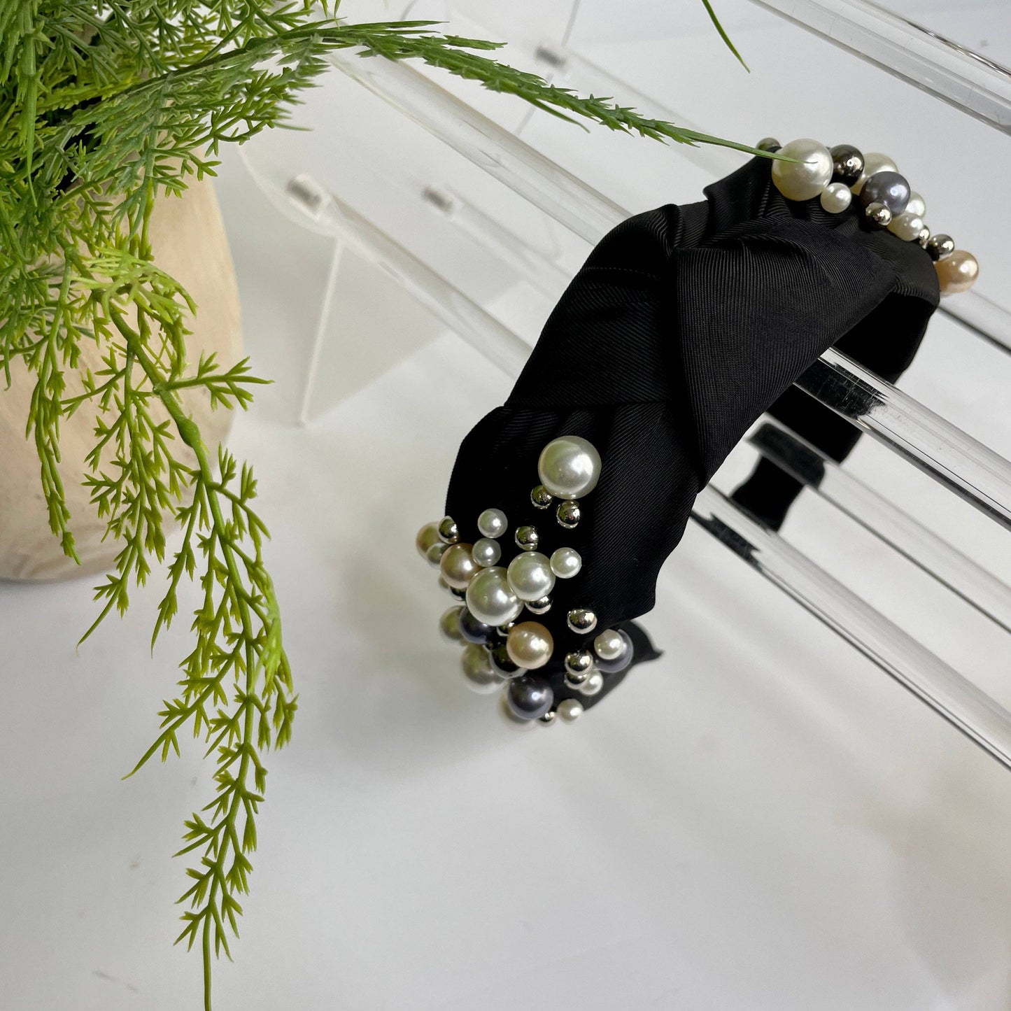 Luxury Beaded Pearl Knot Headband- Black