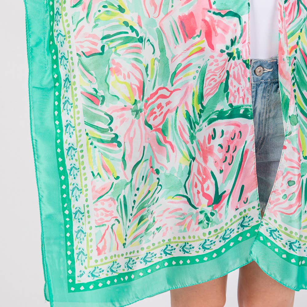 🌸 Flower Print Silky Feel Kimono Poncho – Green