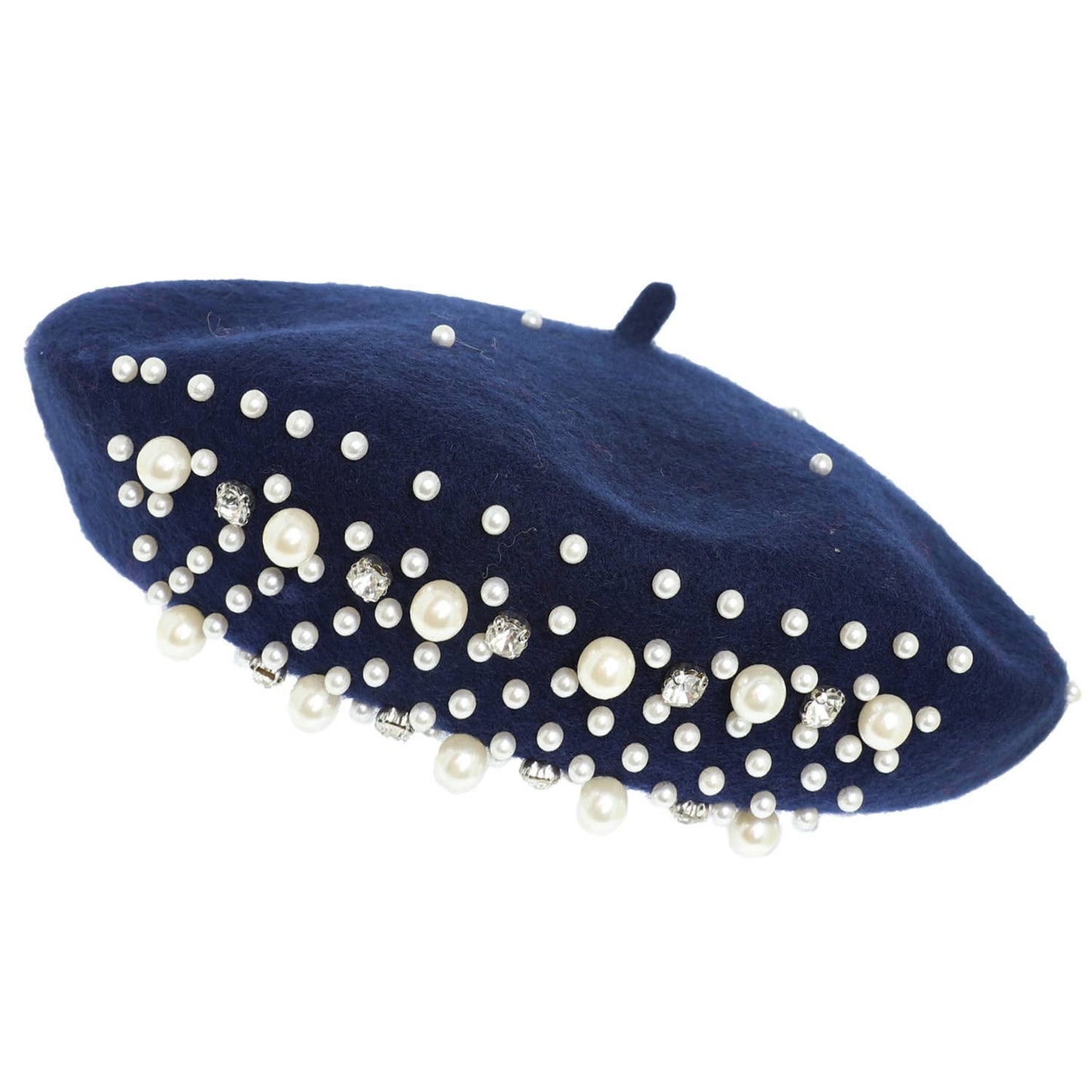 Pearl Rhinestone Embellished Wool Blend Beret : Navy