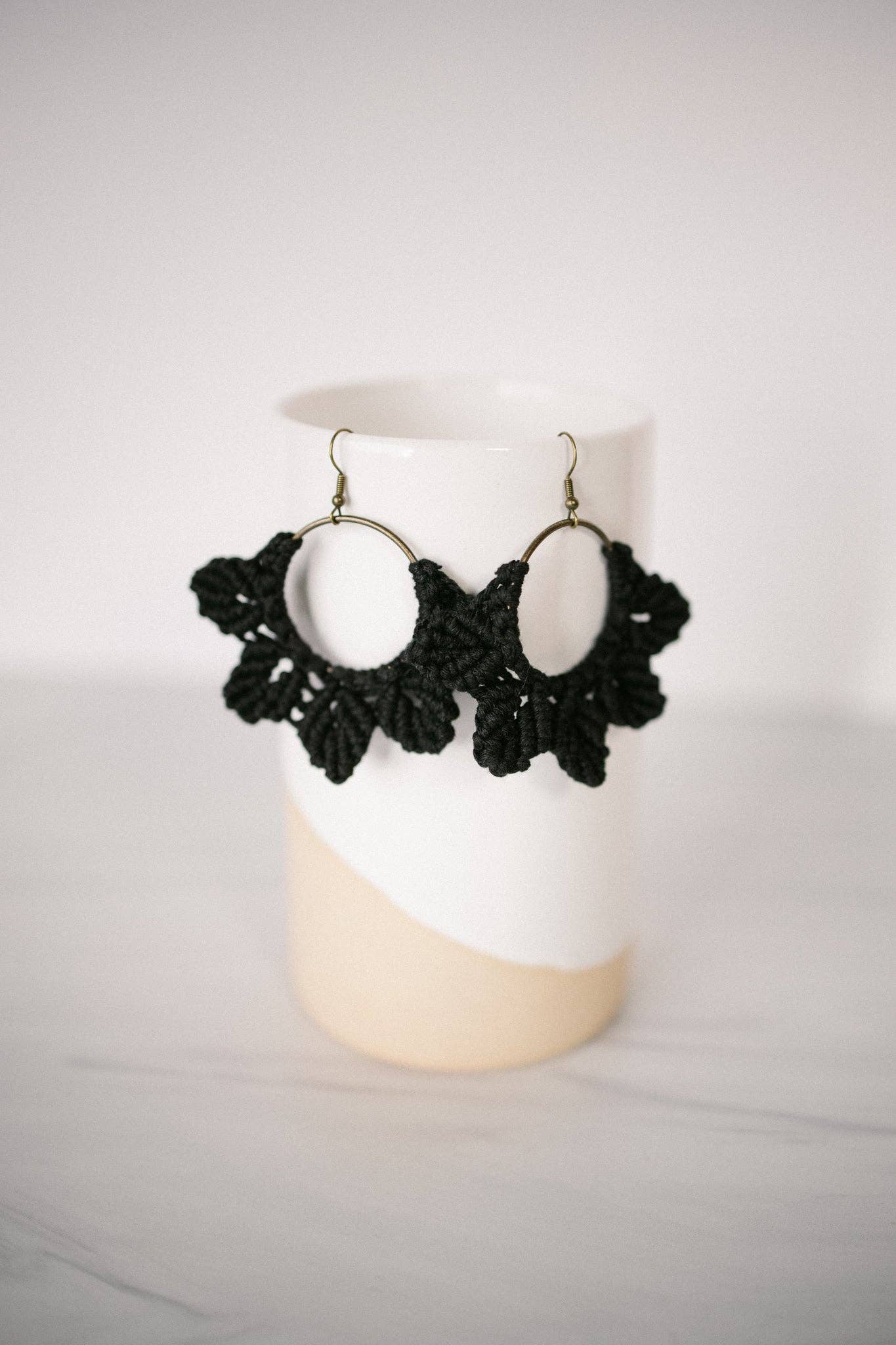 Woven Macrame Boho Leaf Earrings- Black