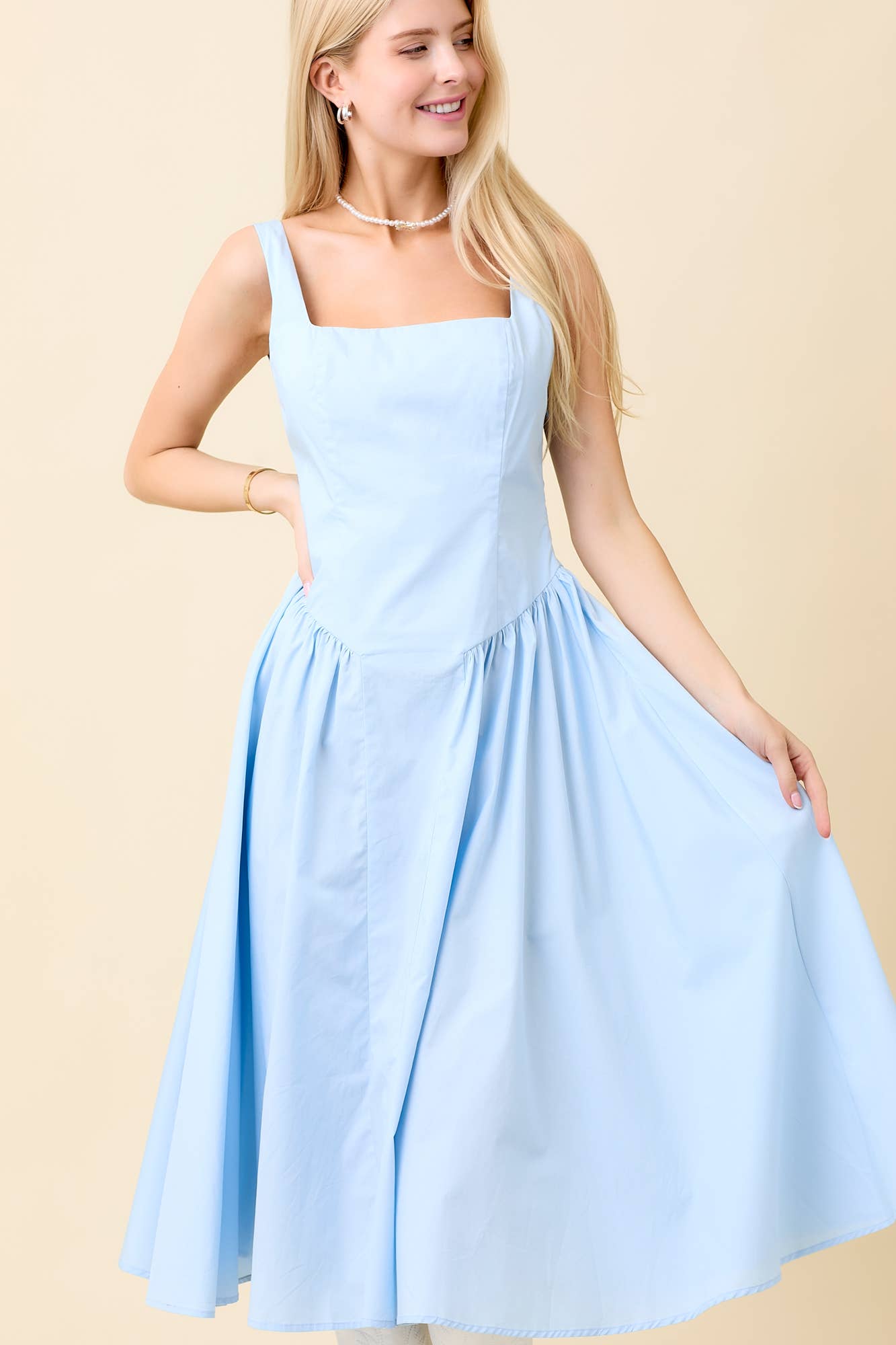 Light Blue Square Neck Midi Dress