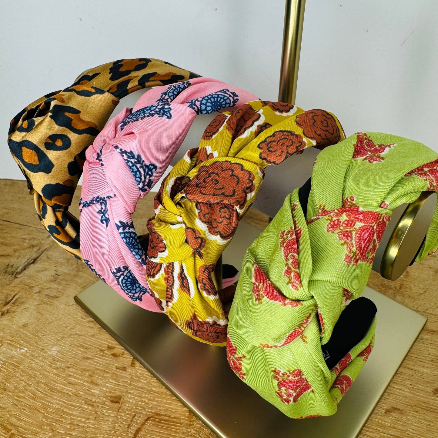 Classic Knot Satin Headband | Green & Pink Block Print Inspired