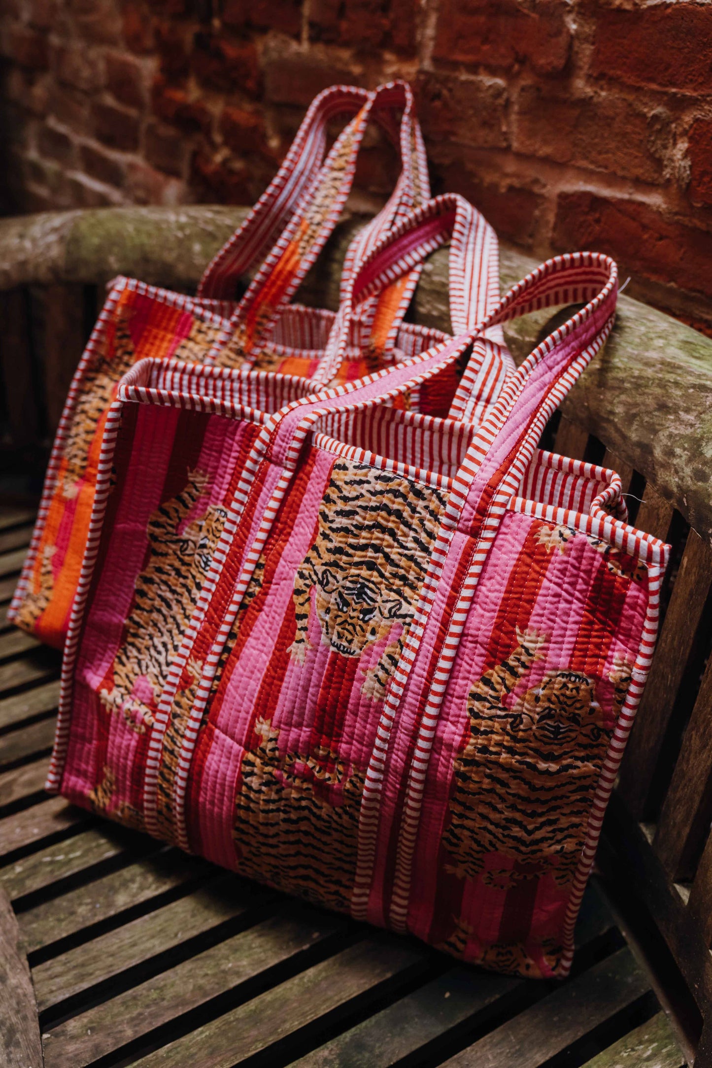 Vibrant Striped Quilted Tote in Pink on Pink
