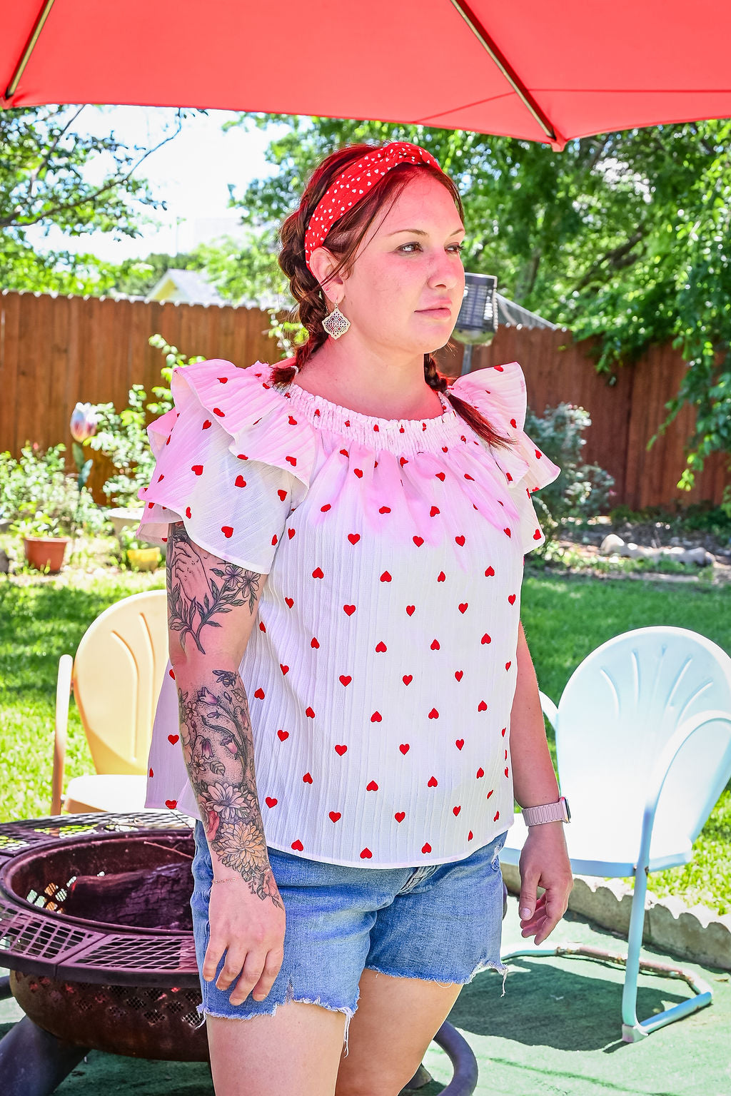Red & White Heart Print Off-Shoulder Top