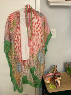 Abstract Multi Print Translucent Cover-Up Kimono: Green Pink