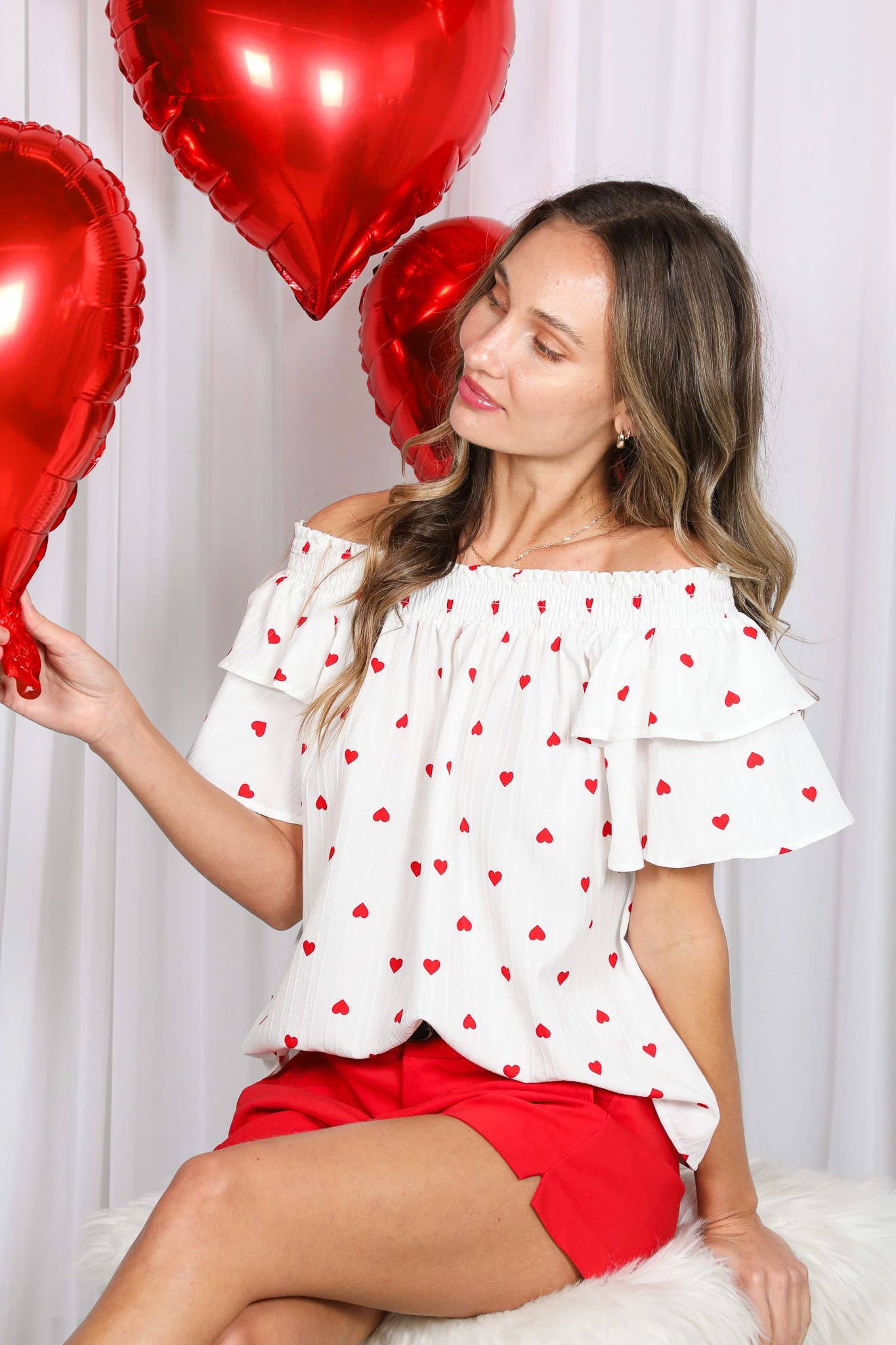 Red & White Heart Print Off-Shoulder Top