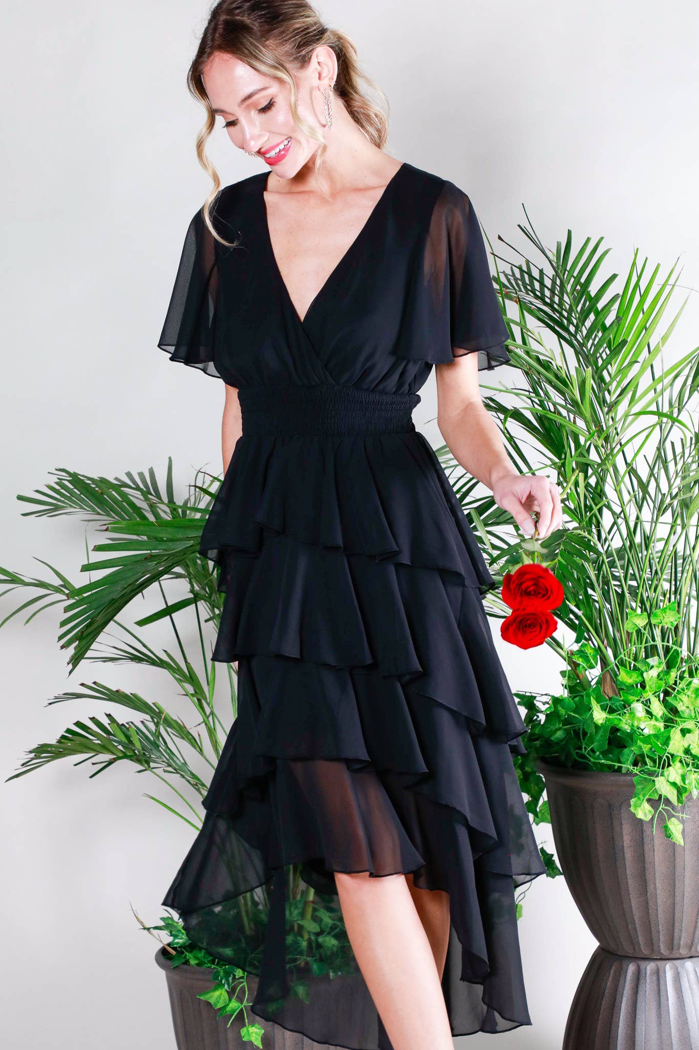 Elegant Black Ruffled Chiffon Midi Dress