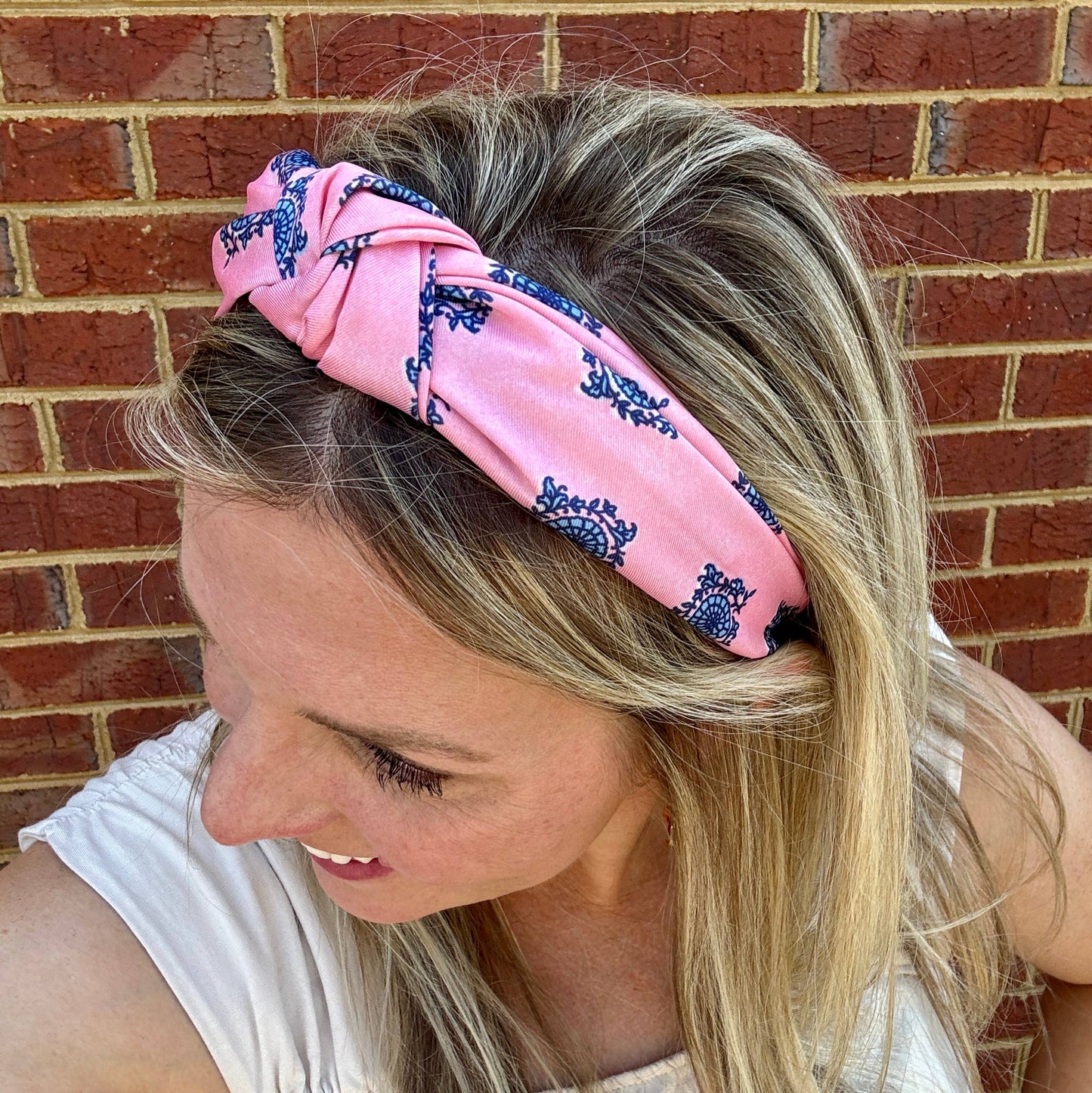 Classic Knot Satin Headband | Pink & Blue Block Print Inspired
