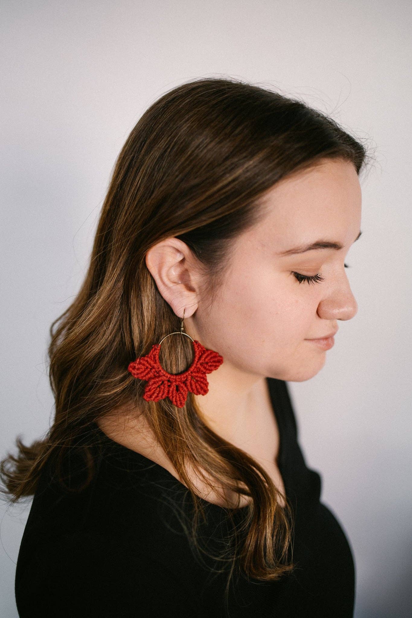 Woven Macrame Boho Leaf Earrings- Red