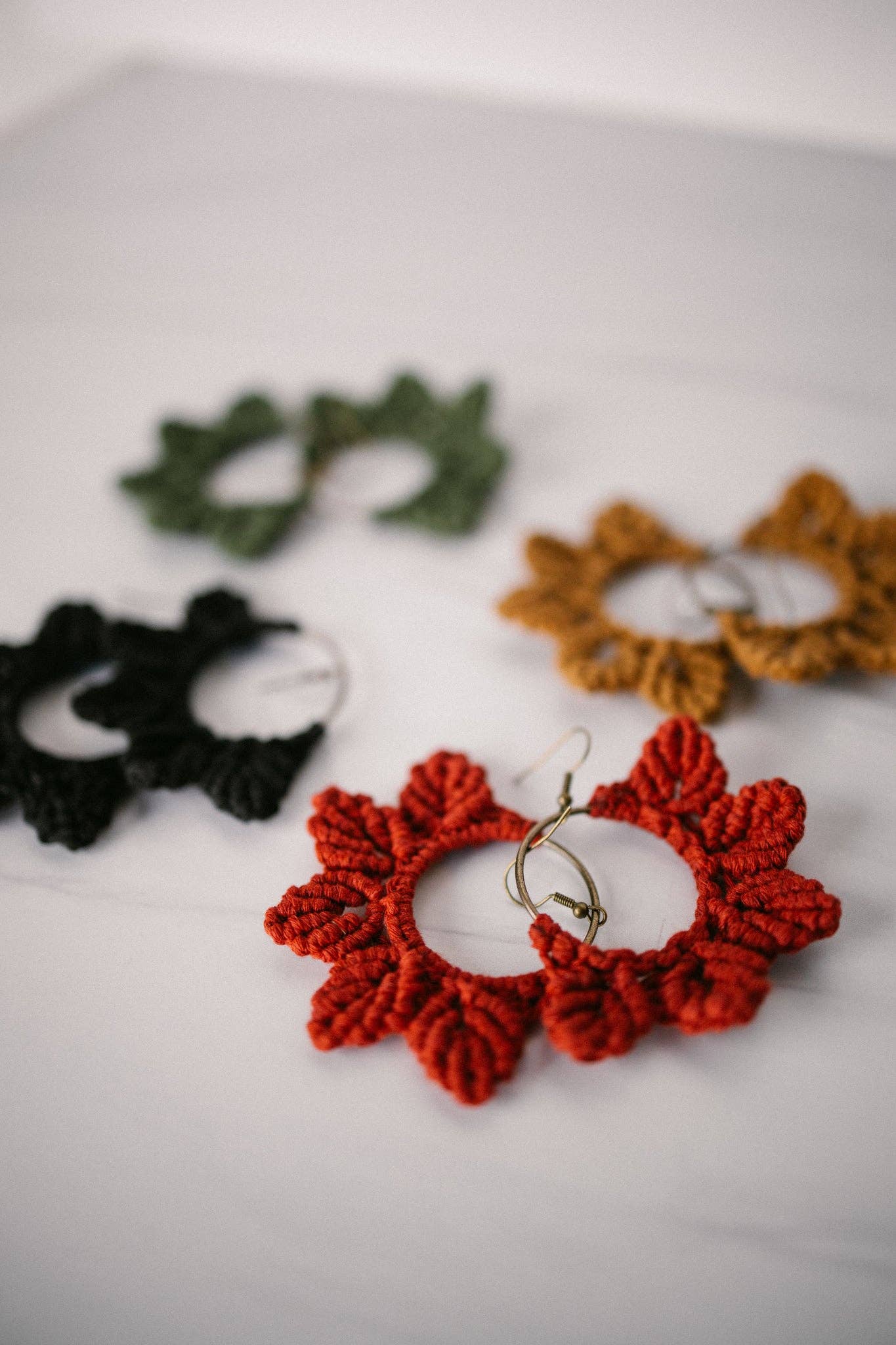 Woven Macrame Boho Leaf Earrings- Red