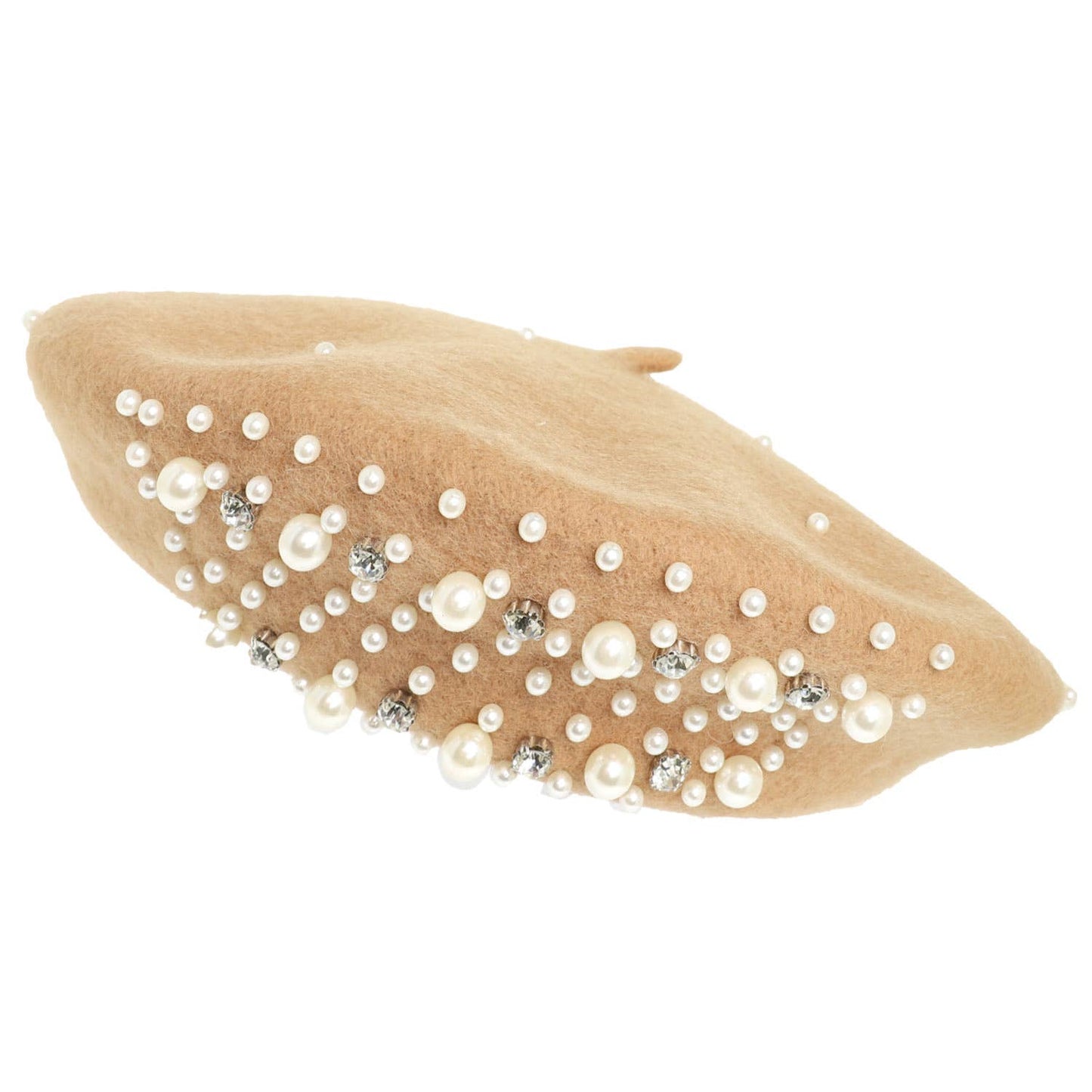Pearl Rhinestone Embellished Wool Blend Beret : Camel