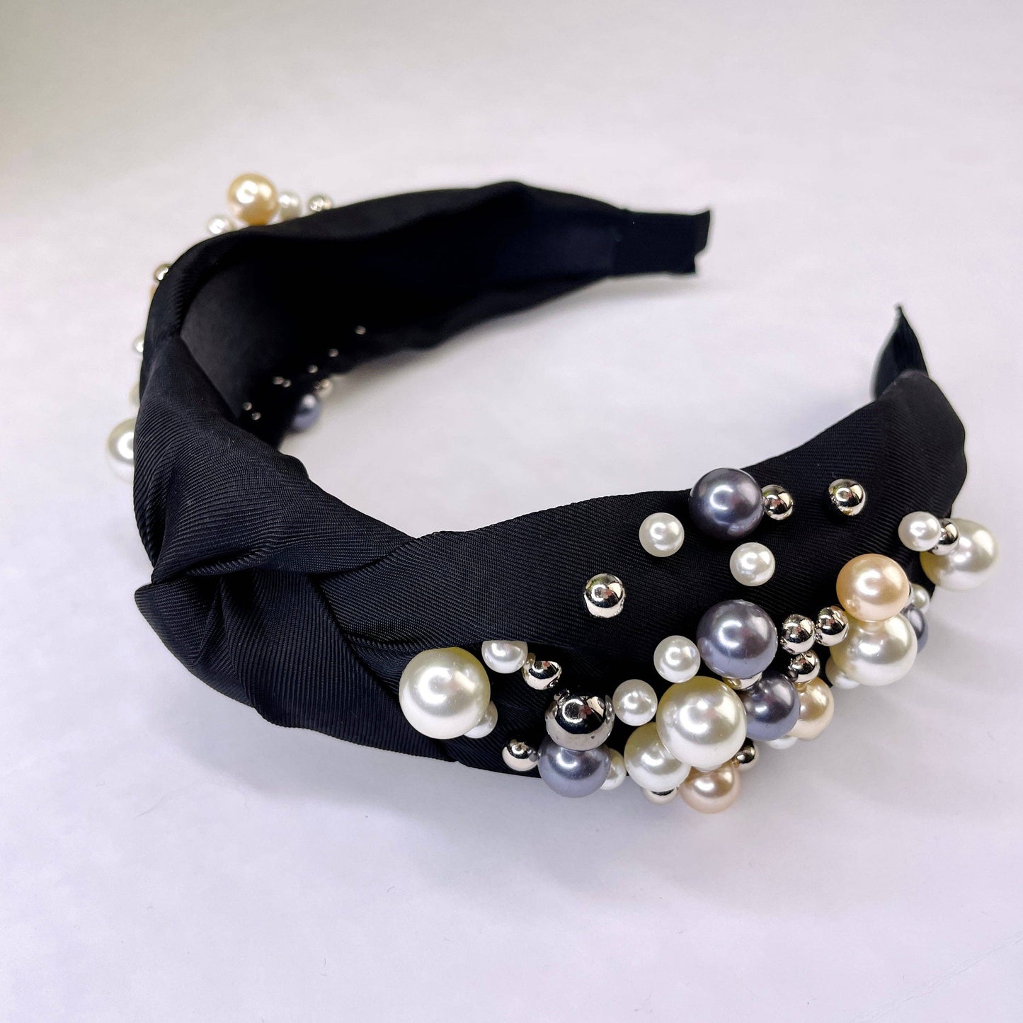 Luxury Beaded Pearl Knot Headband- Black