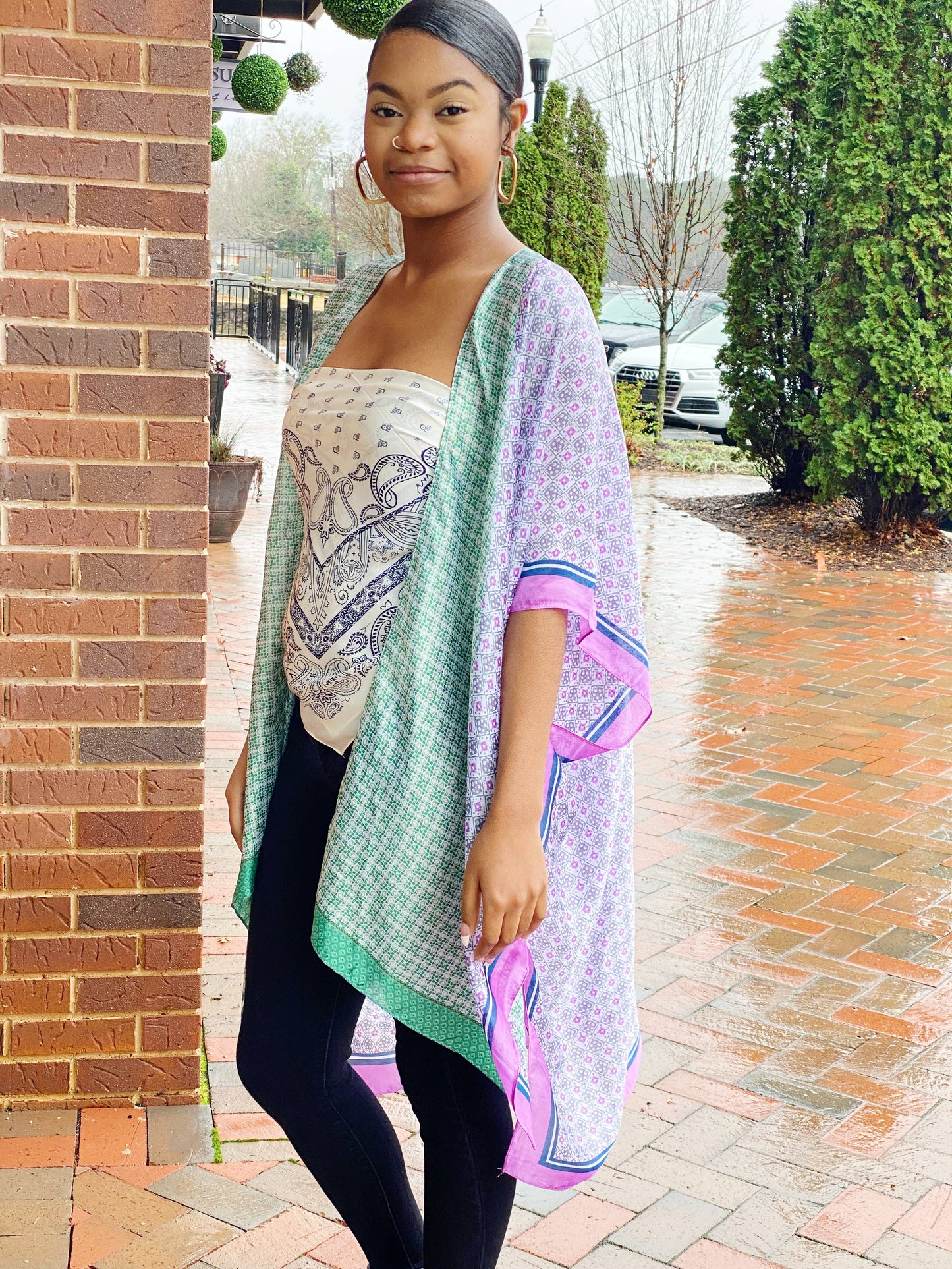 Silky Printed Kimono: Green Lavender