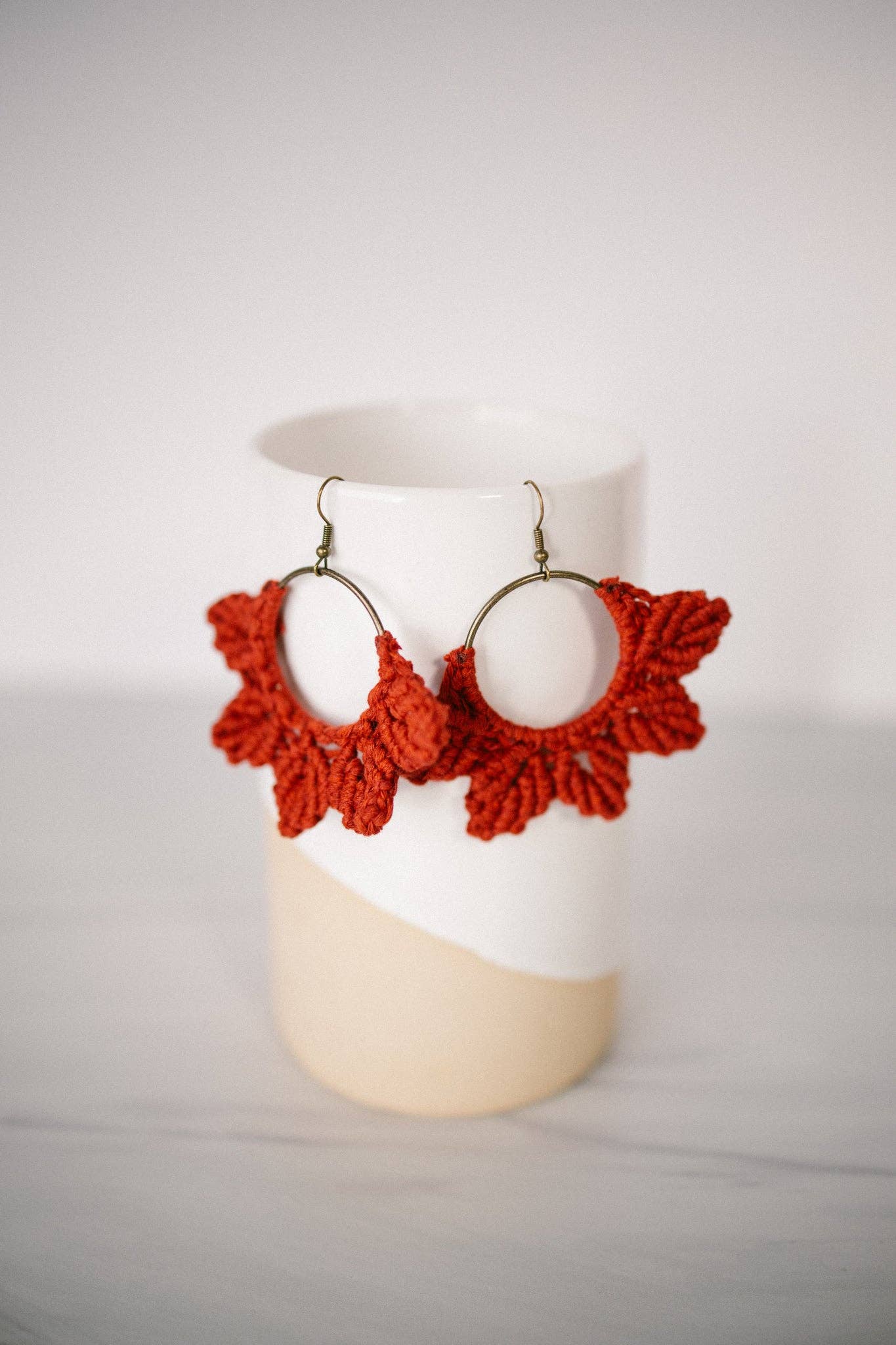 Woven Macrame Boho Leaf Earrings- Red