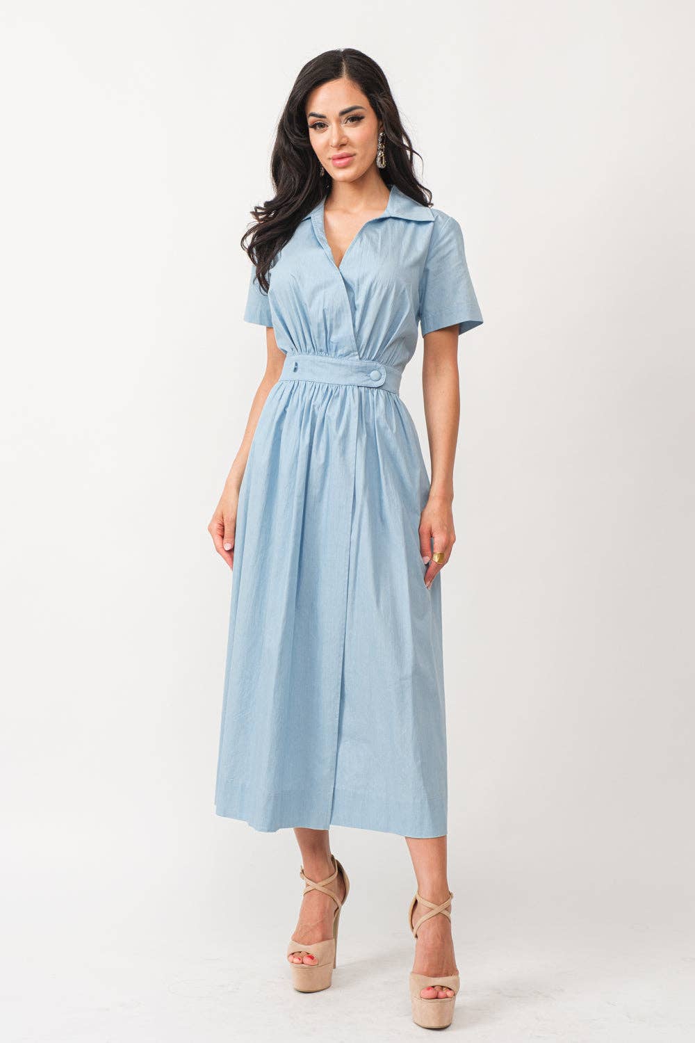 Denim Short Sleeve A-Line Midi Dress LIGHT DENIM