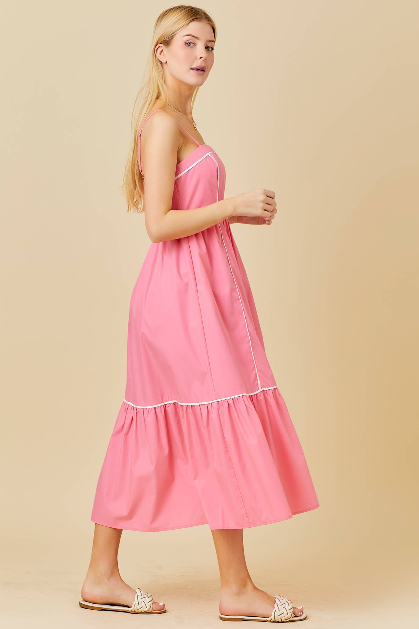 Contrast Piping Midi Solid Dress: CORAL