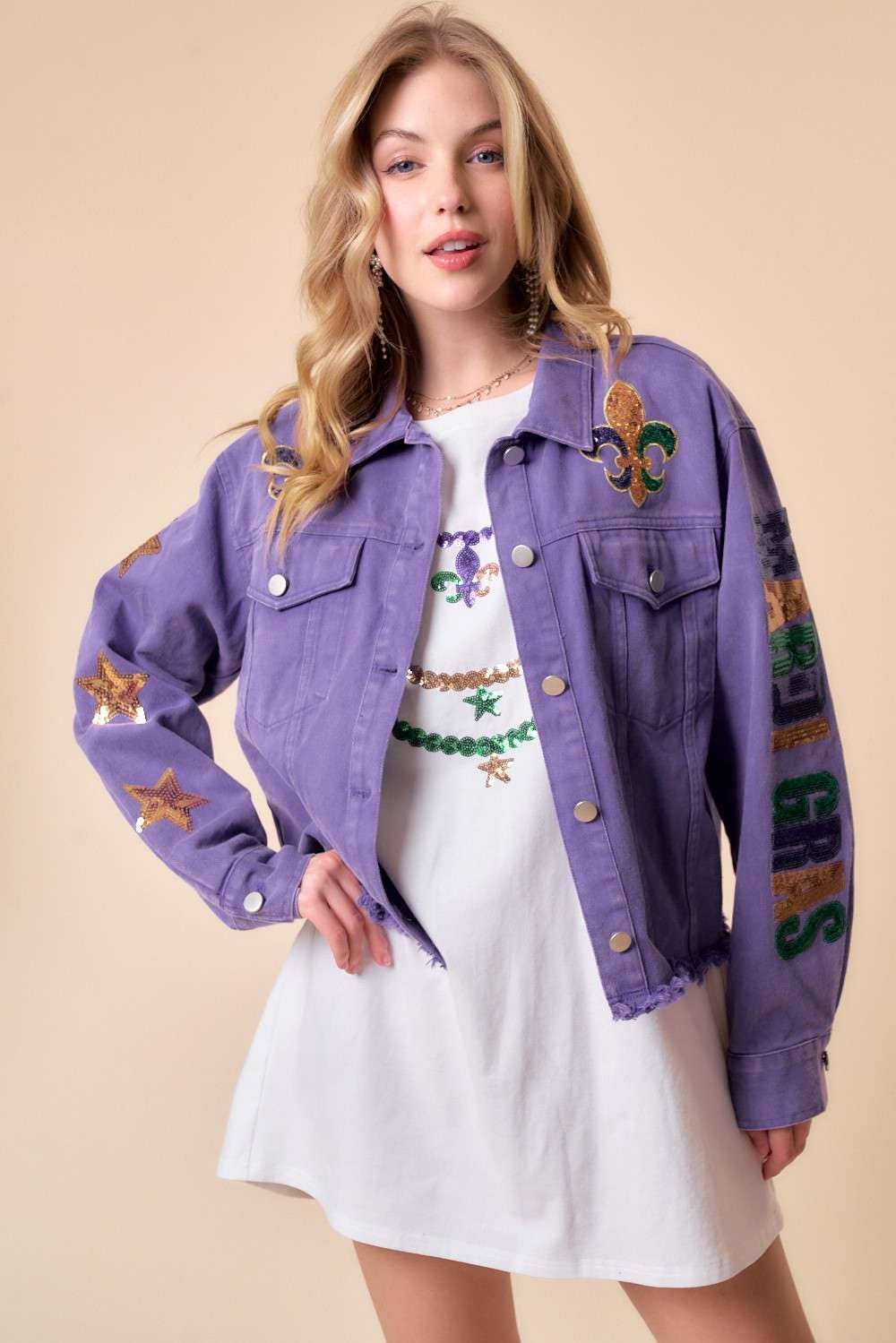 MARDI GRAS Letter Patch Denim Wash Jacket