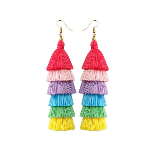 Bohemian Colored Cotton Thread Tassel Earrings: Pastel