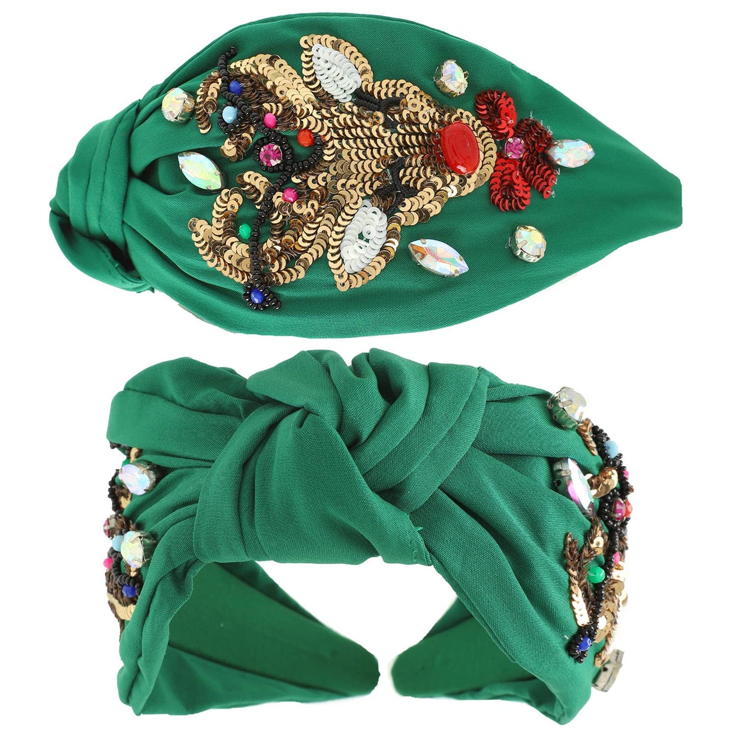 Christmas Jeweled Reindeer Top Knotted Headband : Green