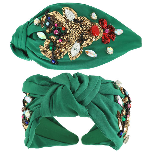 Christmas Jeweled Reindeer Top Knotted Headband : Green