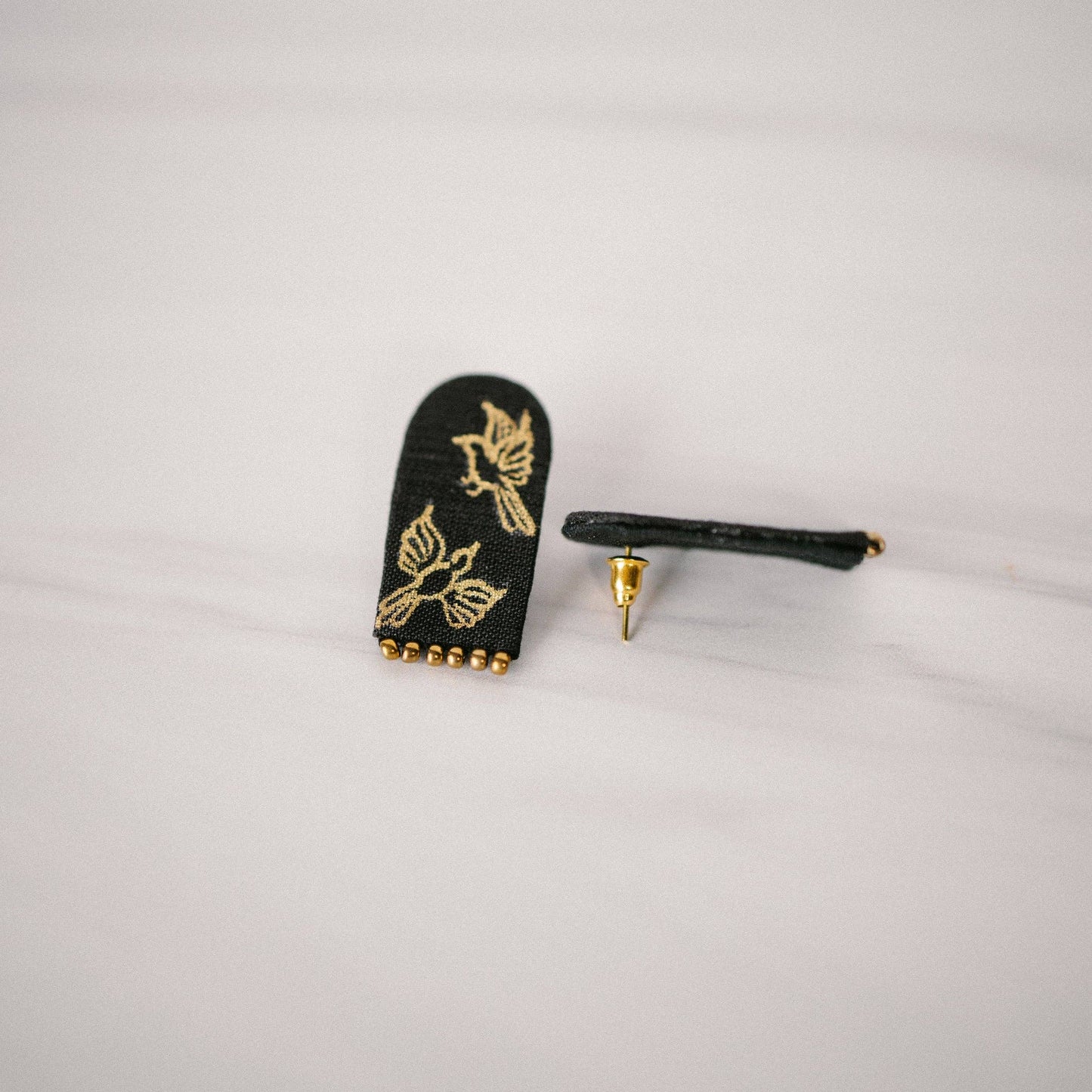 Hand-Painted, Hand-Beaded Fabric Gold Bird Earrings