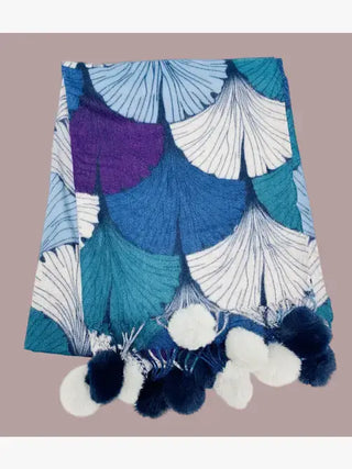 Shell-Art Pompom Shawl/Scarf - Teal-Purple