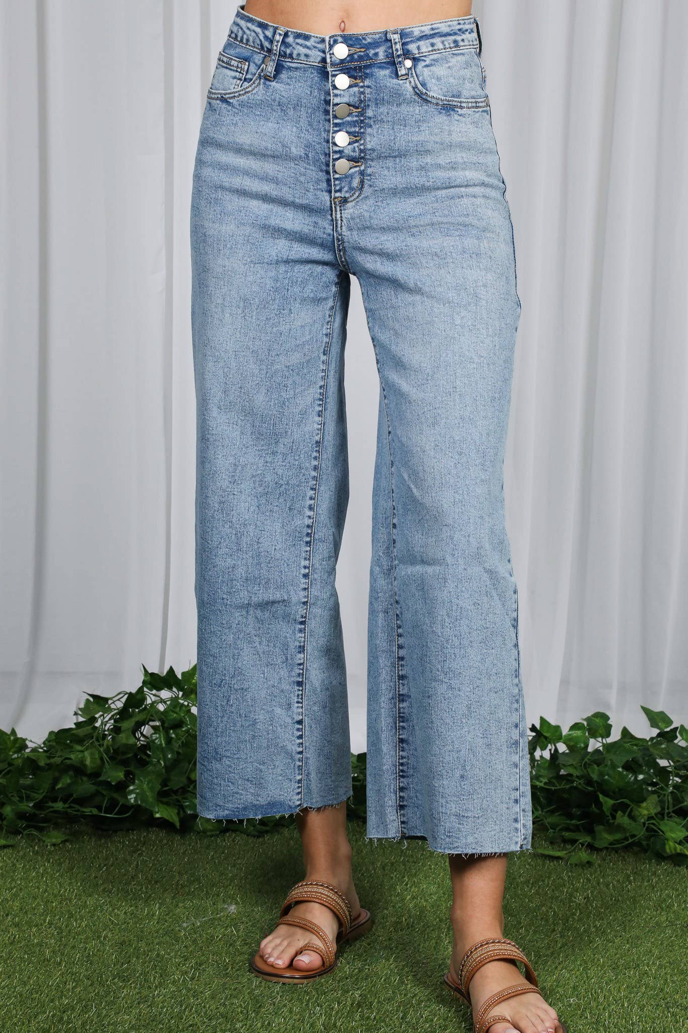 Wide Leg Stretchy Casual Buttoned Washed Denim Jean