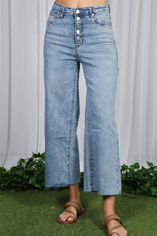 Wide Leg Stretchy Casual Buttoned Washed Denim Jean