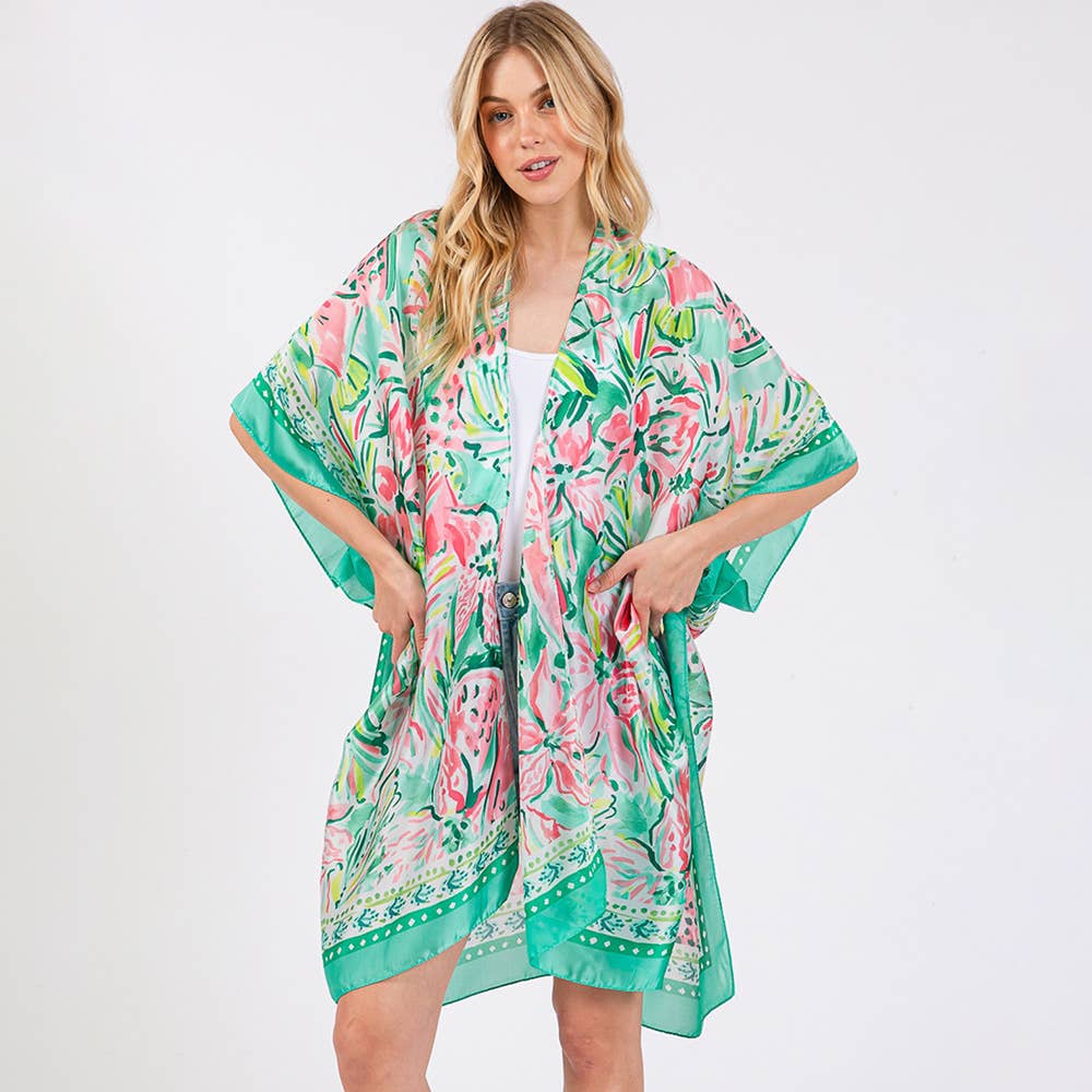 🌸 Flower Print Silky Feel Kimono Poncho – Green