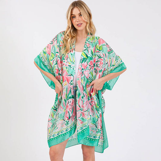 🌸 Flower Print Silky Feel Kimono Poncho – Green