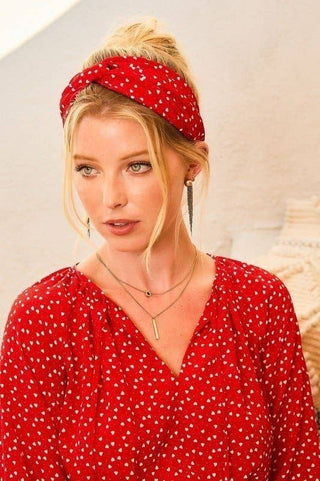 Heart Print Satin Headband: Red