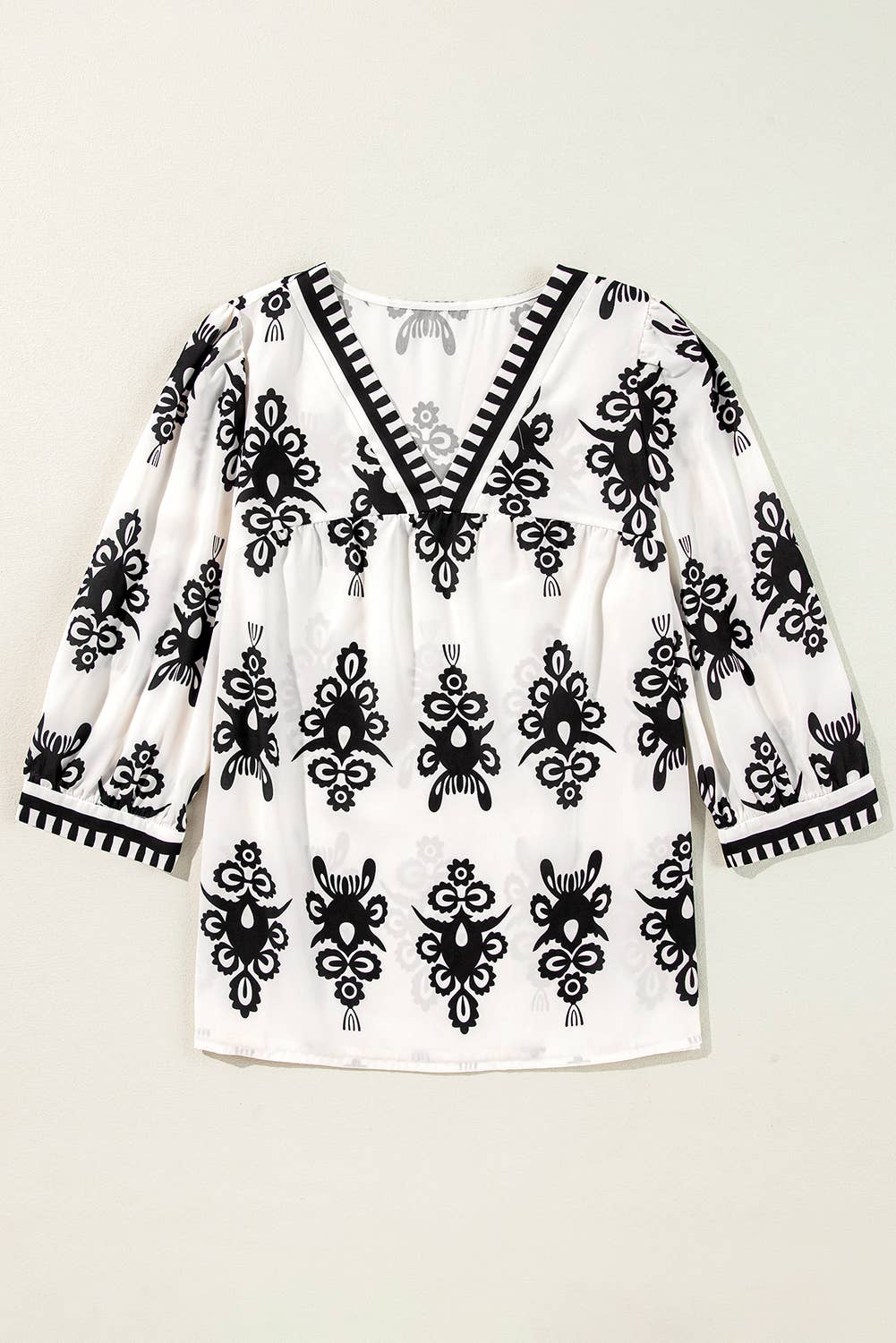 White and Navy Geometric Print 3/4 Sleeve V-Neck Blouse