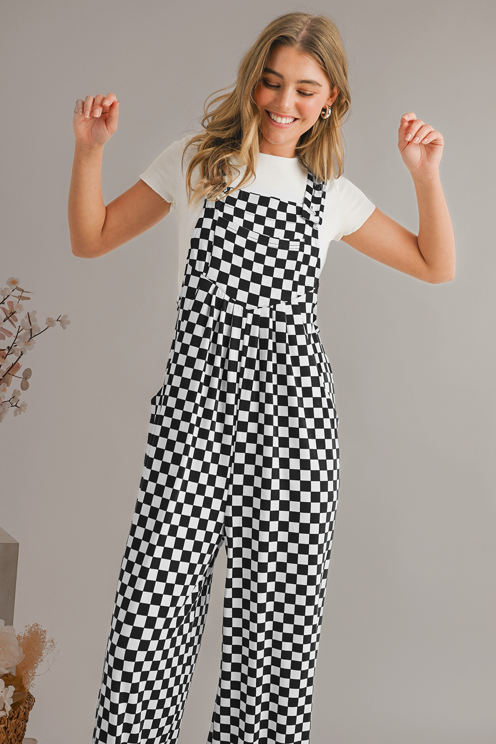 Black and White Checkered Print Pockets Casual Jumpsuit
