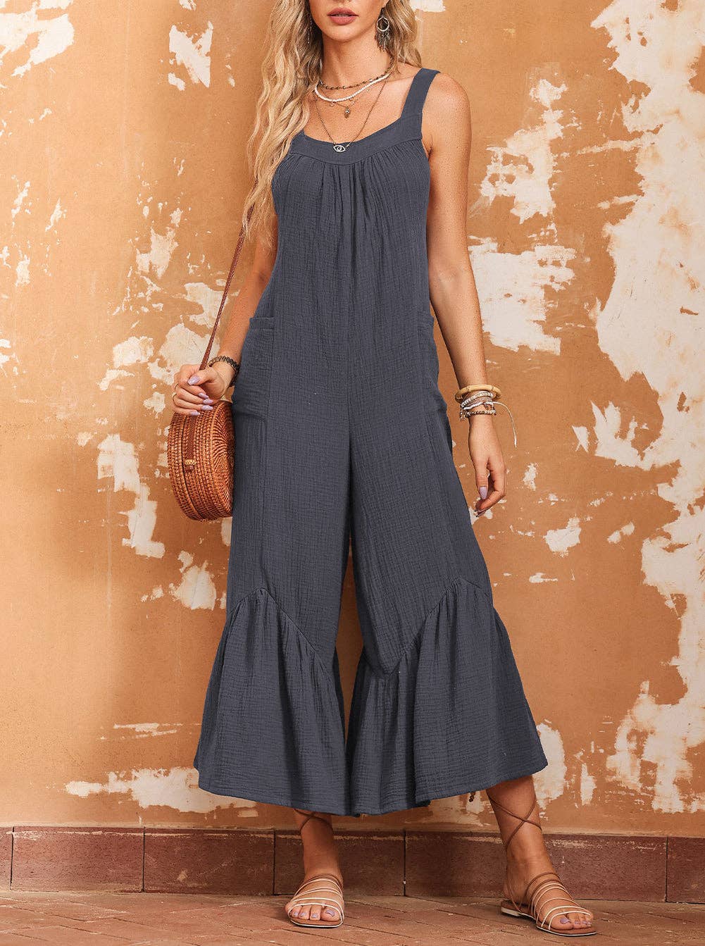 Wide Leg Ruffle Jumpsuit:  Grey