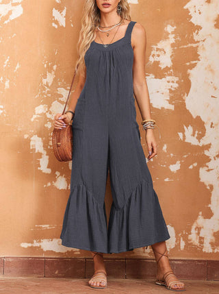 Wide Leg Ruffle Jumpsuit:  Grey