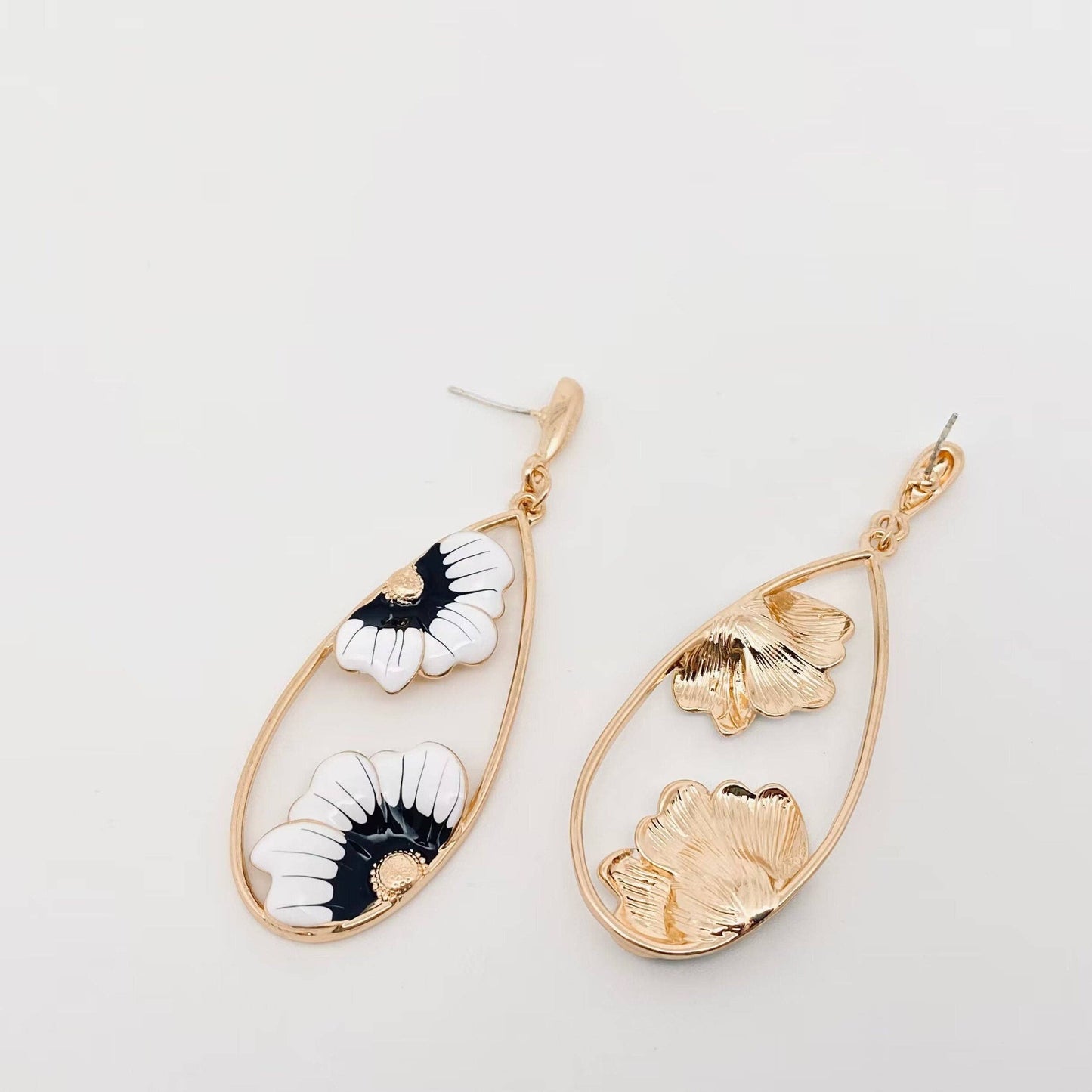 Enamel Flower Drop-shaped Metal Post Earrings