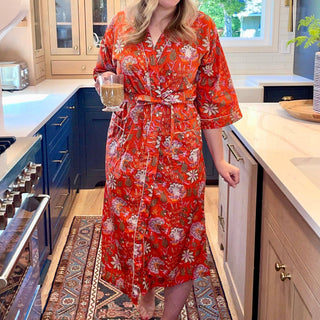 Women's Cotton Kimono Robe | Block Printed | Tangerine Bloom
