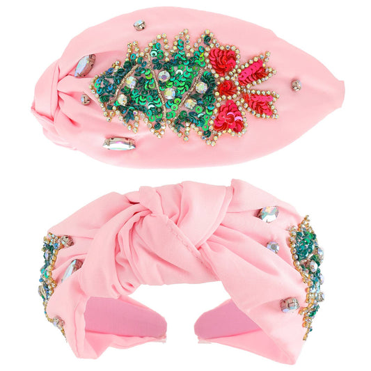 Christmas Tree Jeweled Top Knotted Headband : Pink